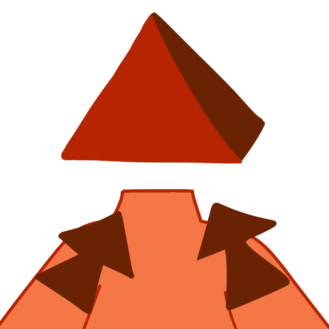 A red figure with a pyramid head. Two arrows point to the head.